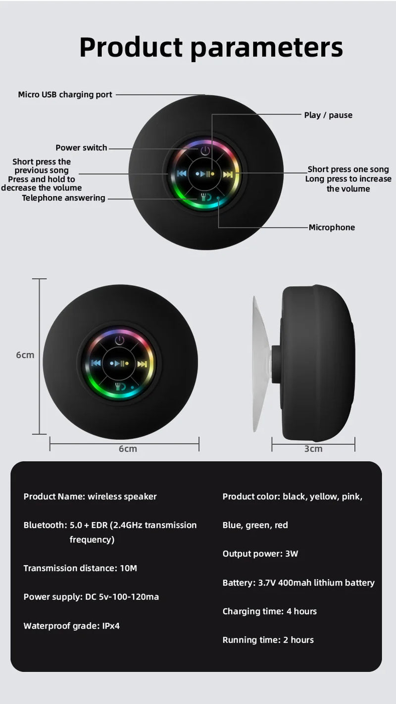 Portable Waterproof Bluetooth Speaker with LED Lights 3D Surround Stereo Subwoofer